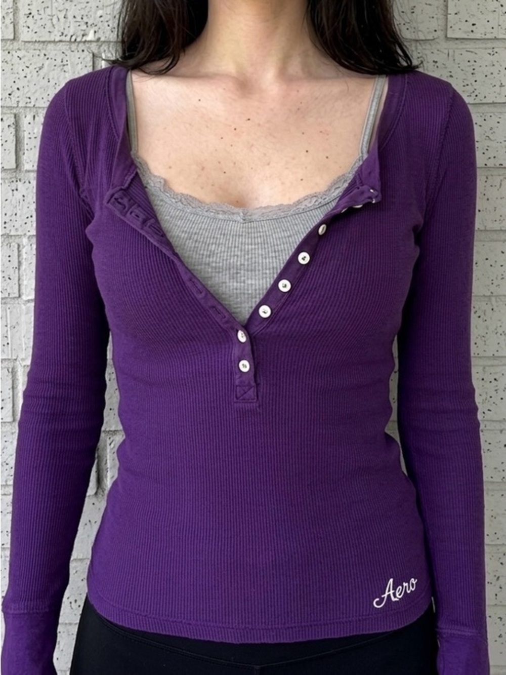 Y2K Aeropostale Thermal Long Sleeve Waffle Knit Henley Top Purple Size XL
